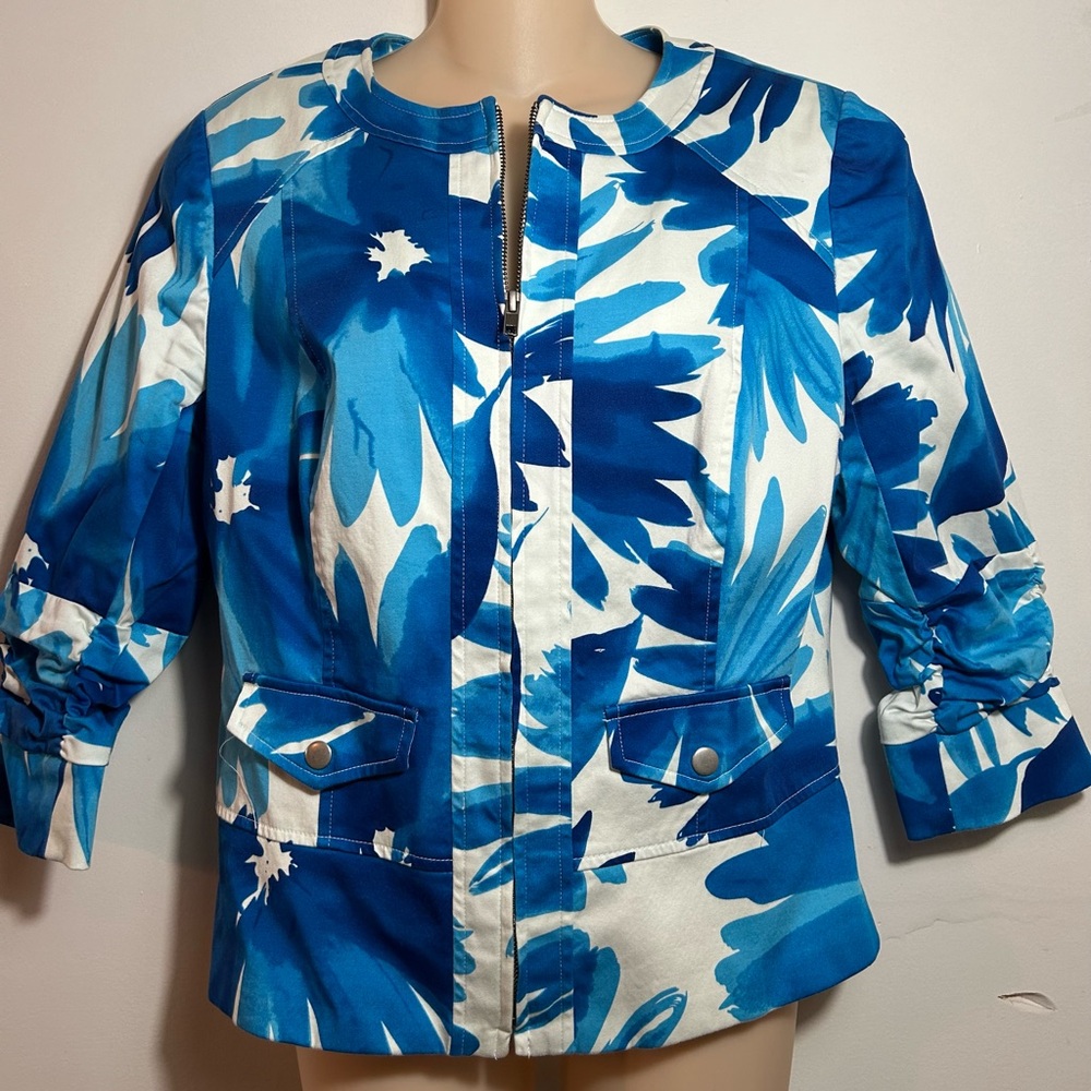 Coldwater Creek Blue and White Floral Bomber Jacket